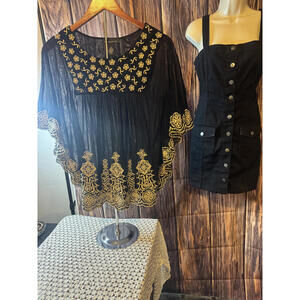 Black Gold Embroidered Boho Set Sheer Top + Button Mini Dress S/M Glam Y2K
